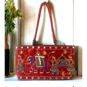 Vintage Indian Handbag Purse Red Hand Stitched Elephant Raja Zipper 15" x 8"
